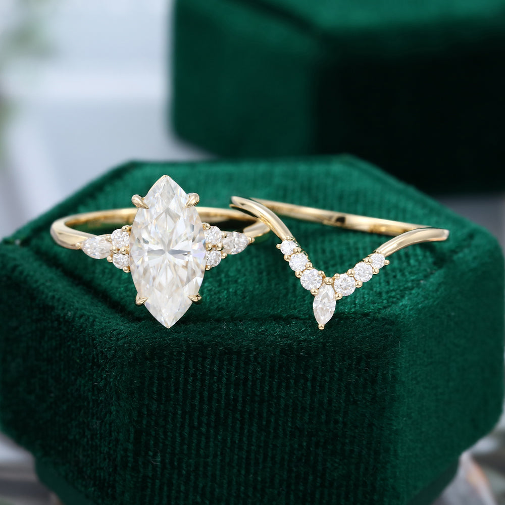 Yellow Gold Marquise Moissanite Engagement Ring Set