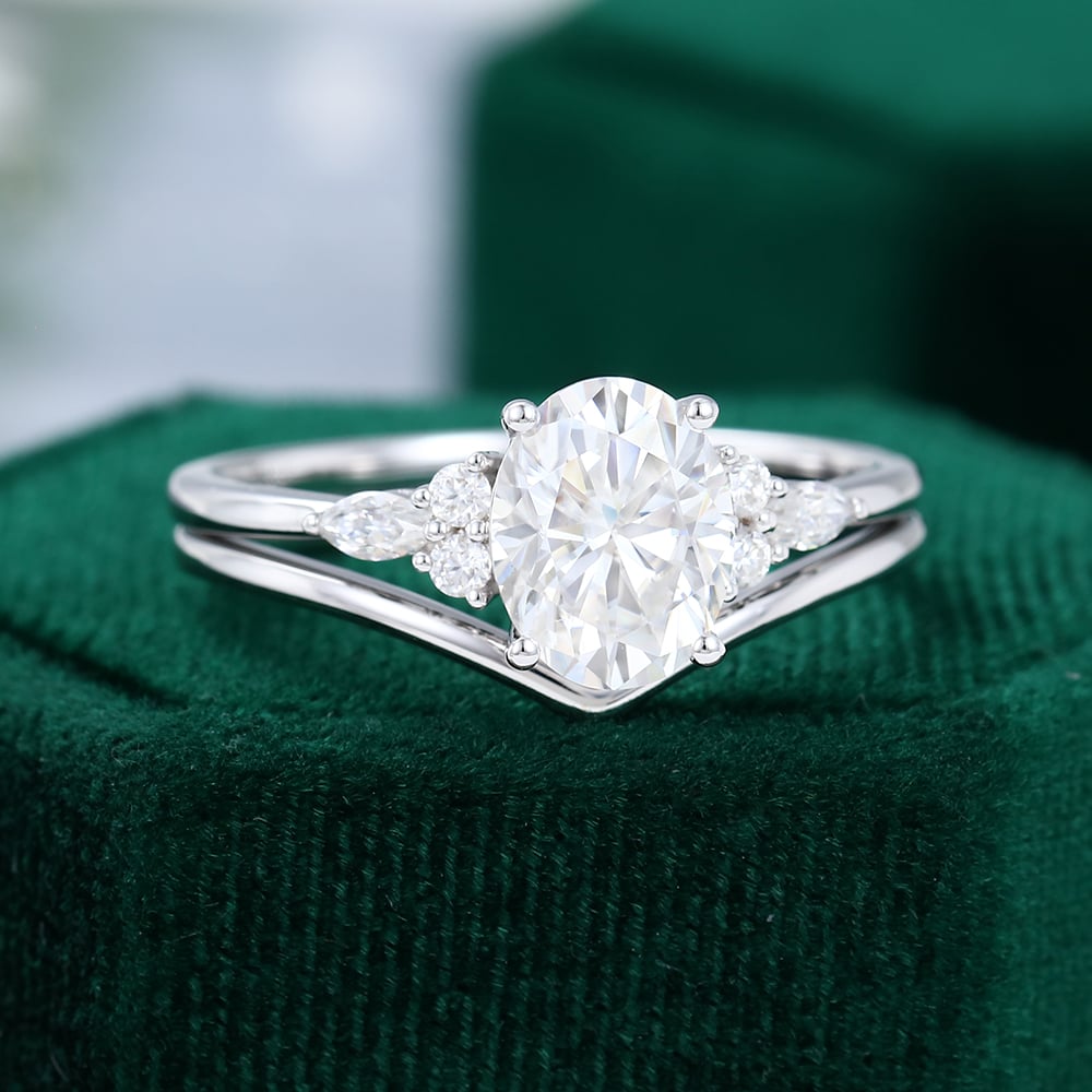 White Gold 2CT Oval Cut Moissanite Engagement Ring Set