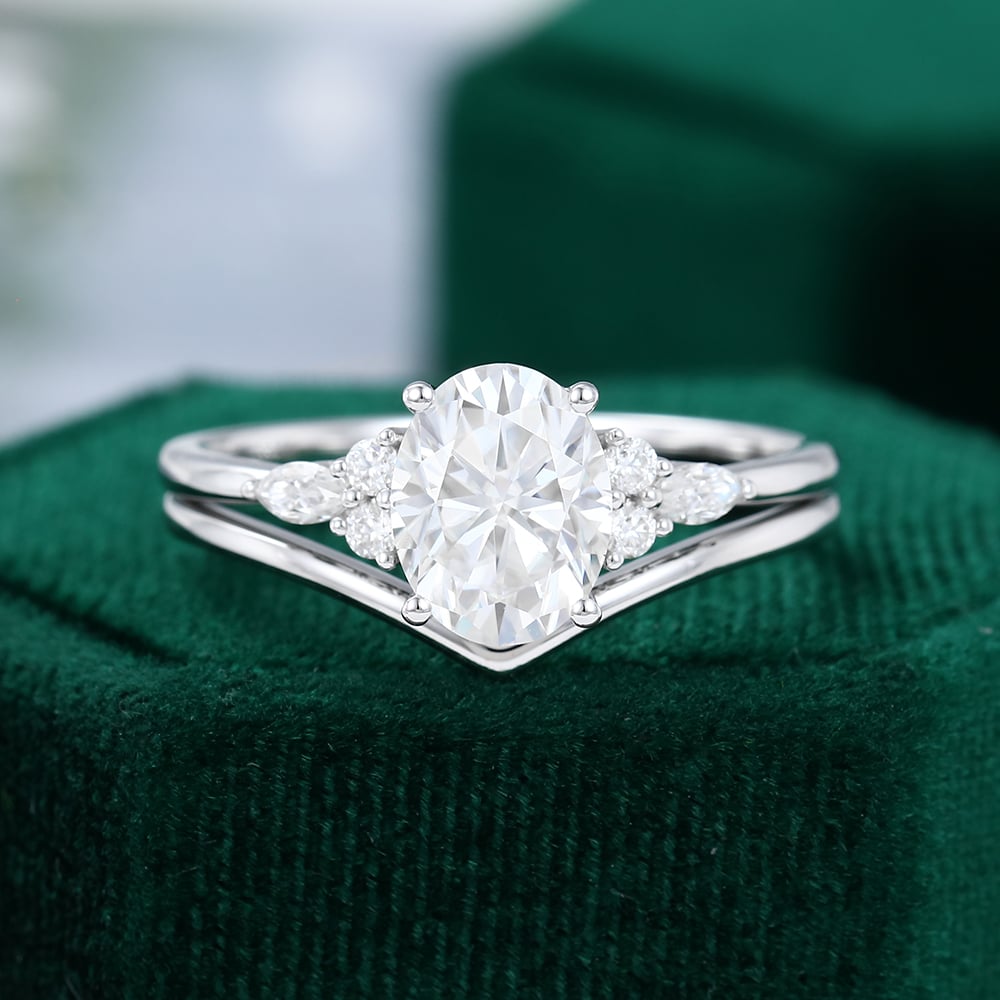 White Gold 2CT Oval Cut Moissanite Engagement Ring Set