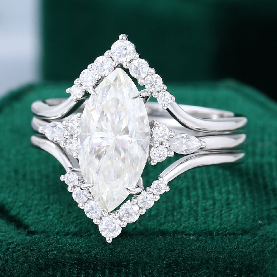 Vintage Marquise Cut Moissanite Engagement Ring Set