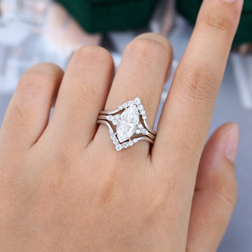 Vintage Marquise Cut Moissanite Engagement Ring Set