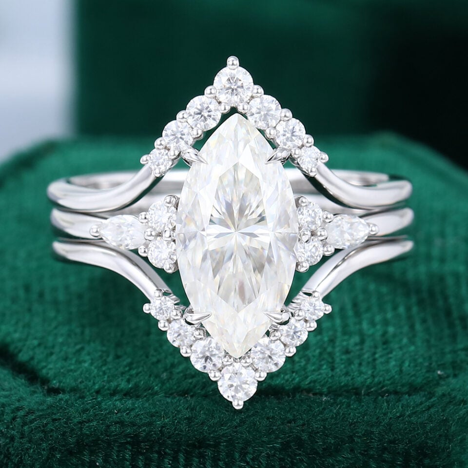 Vintage Marquise Cut Moissanite Engagement Ring Set