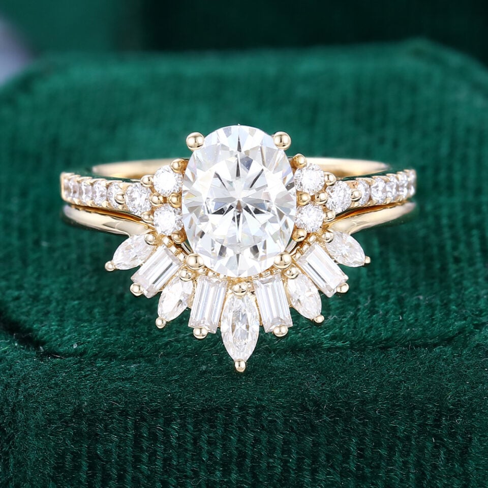 Oval Cut Pavé Moissanite Bridal Ring Set With U Contour Band