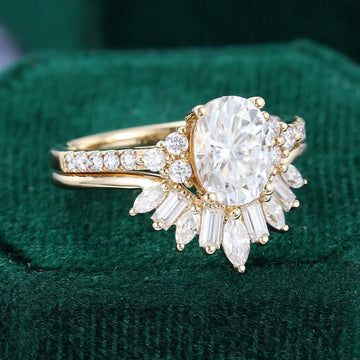 Oval Cut Pavé Moissanite Bridal Ring Set With U Contour Band