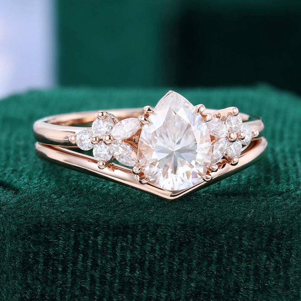Pear Shaped Moissanite Bridal Ring Set Cluster Engagement Ring