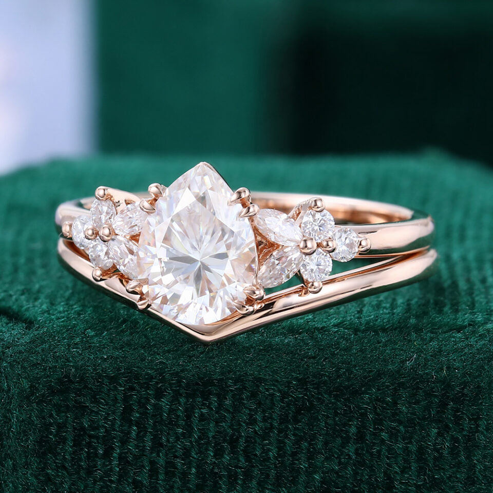 Pear Shaped Moissanite Bridal Ring Set Cluster Engagement Ring