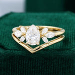 Load image into Gallery viewer, Pear Shaped Moissanite Cluster Engagement Ring With Plain Curved Wedding Band Bridal Set
