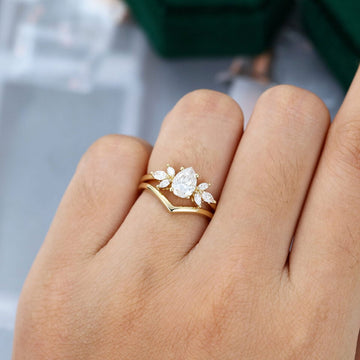 Pear Shaped Moissanite Cluster Engagement Ring With Plain Curved Wedding Band Bridal Set