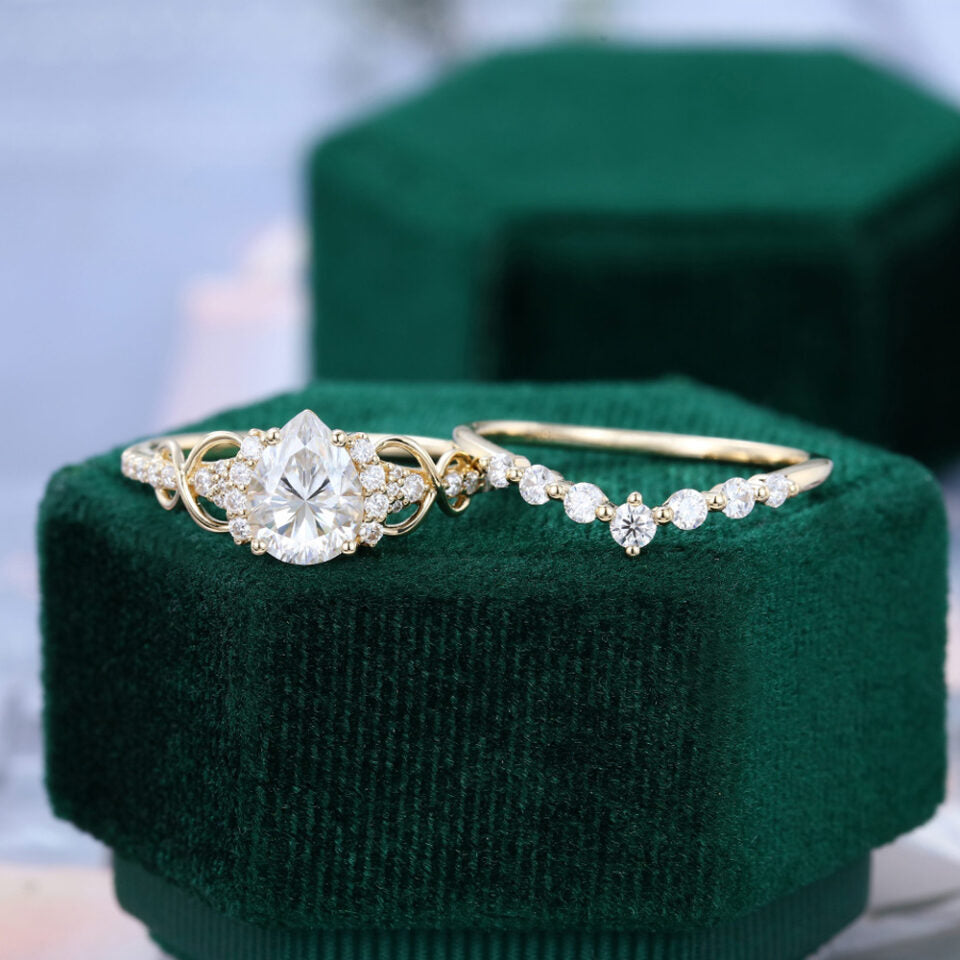 Pear Shaped Moissanite Bridal Ring Set Infinity Wedding Set