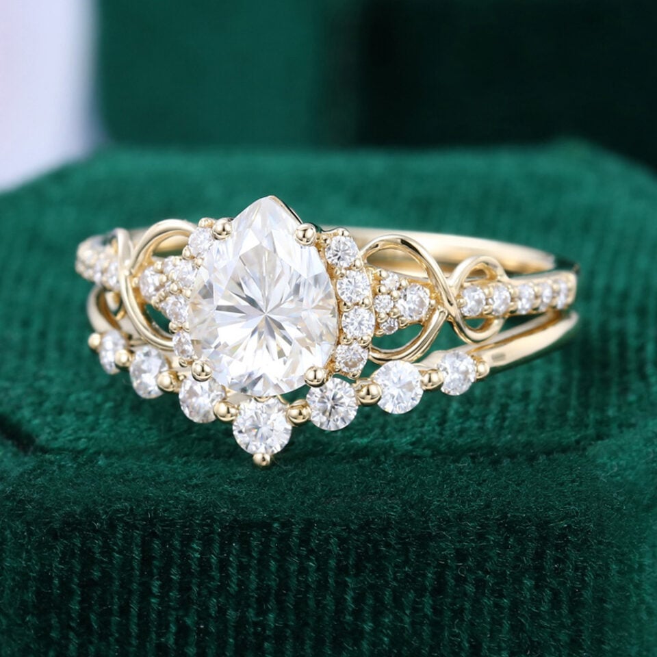 Pear Shaped Moissanite Bridal Ring Set Infinity Wedding Set