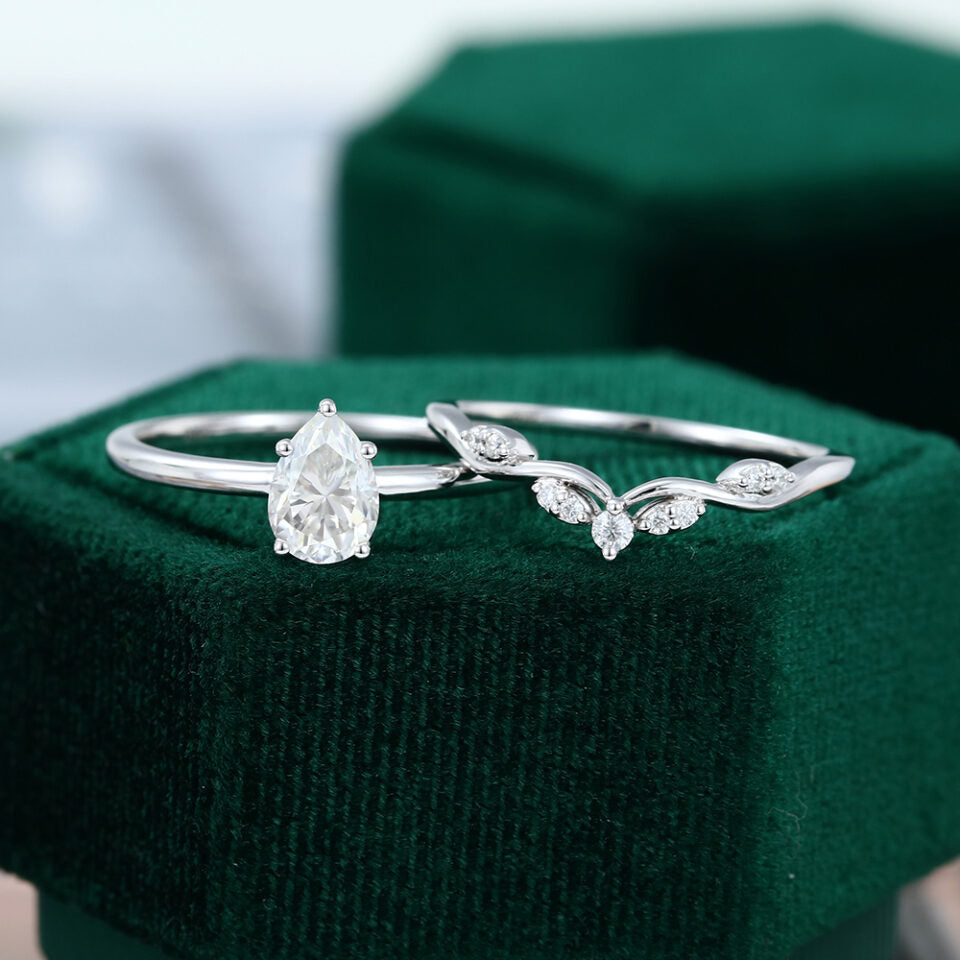 Pear Cut Moissanite Solitaire Engagement Ring Set In White Gold