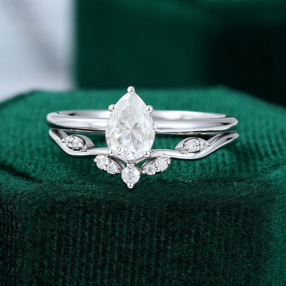 Pear Cut Moissanite Solitaire Engagement Ring Set In White Gold