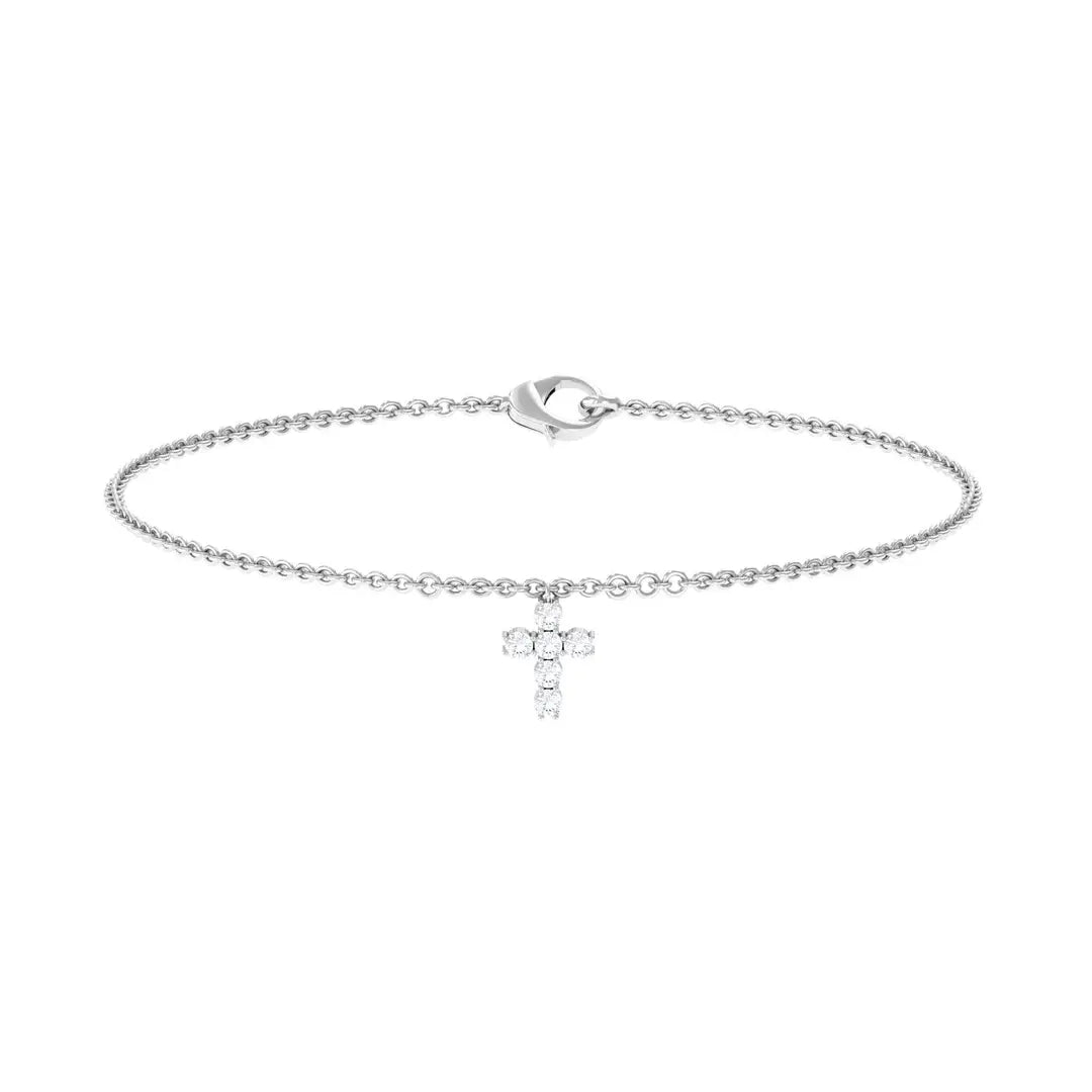 Cross Charm Bracelet with Round Shape Moissanite in Prong Setting - Moissanite - ( D-VS1 ) - Color and Clarity