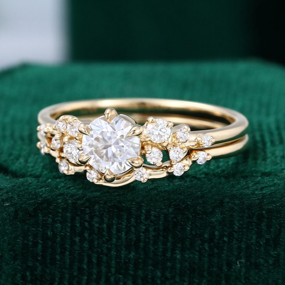 Round Cut Moissanite Flip Snowdrift Engagement Ring Set Art Deco Bridal Set