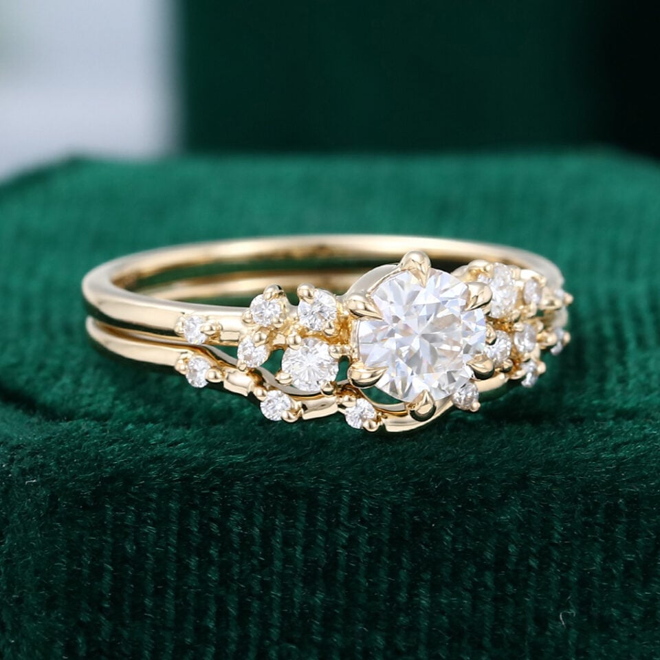 Round Cut Moissanite Flip Snowdrift Engagement Ring Set Art Deco Bridal Set