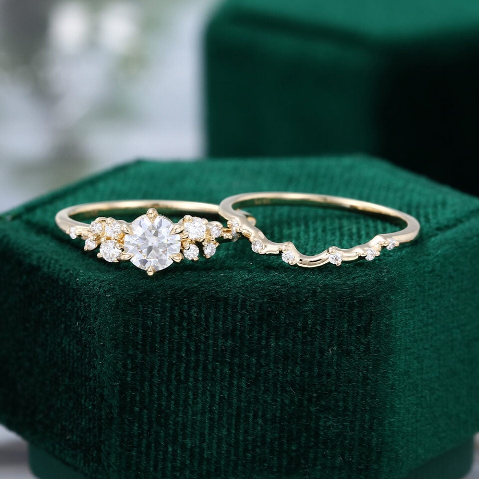 Round Cut Moissanite Flip Snowdrift Engagement Ring Set Art Deco Bridal Set