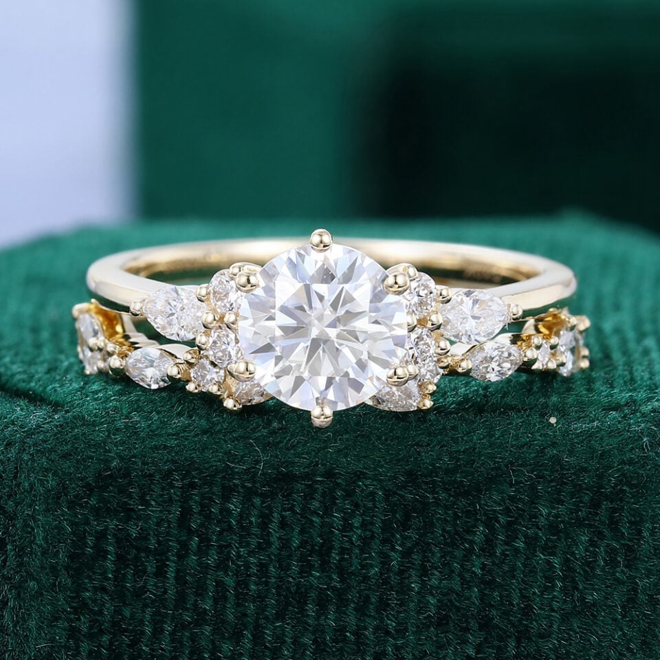 Round Cut Moissanite Engagement Ring Set Unique Bridal Set