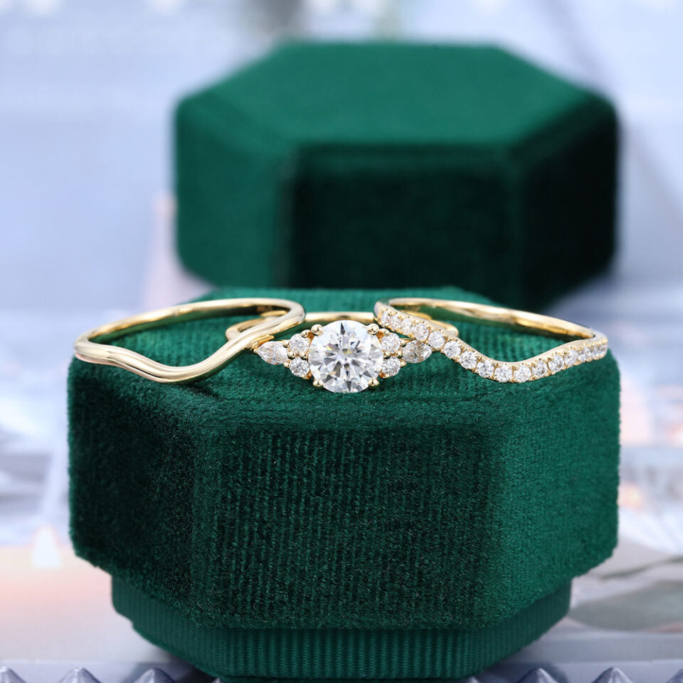 Round Cut Moissanite Engagement Ring Set With Curved Wedding Band Bridal Set