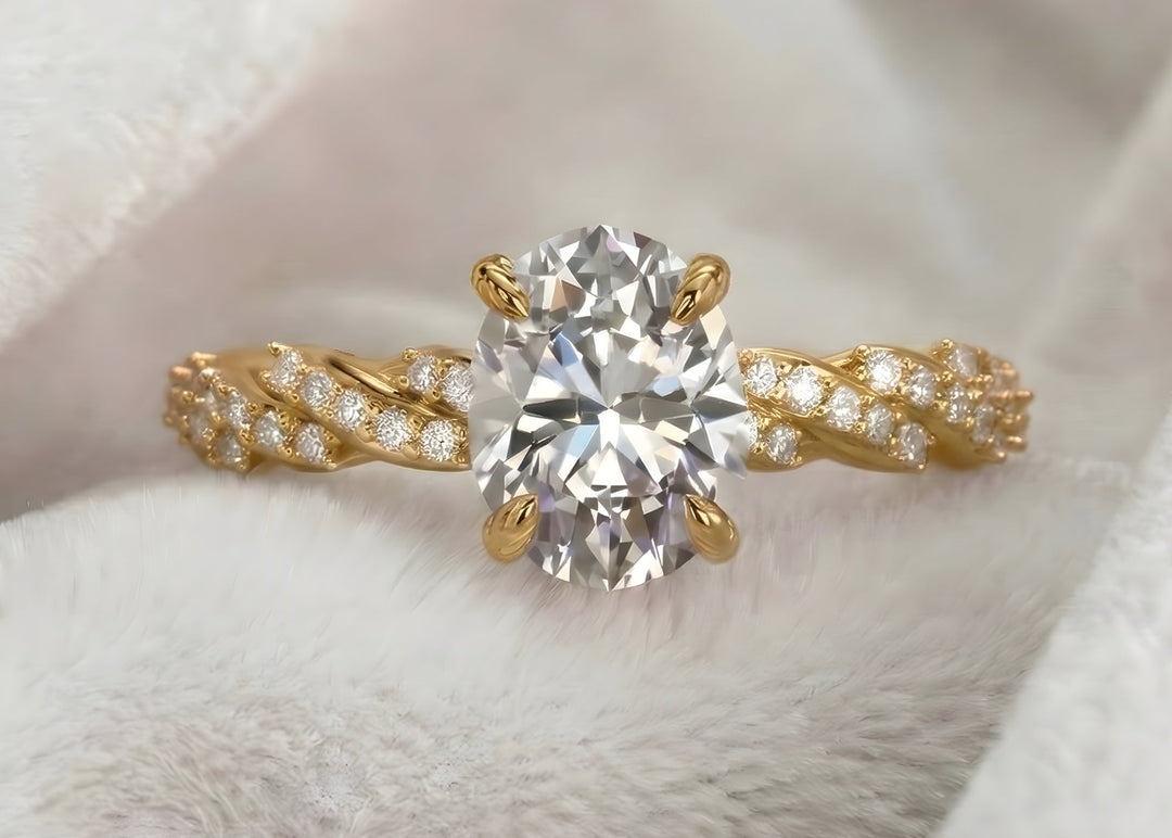 Oval Engagement Ring 3 Carat Moissanite Diamond Gold Twisted Pave Band