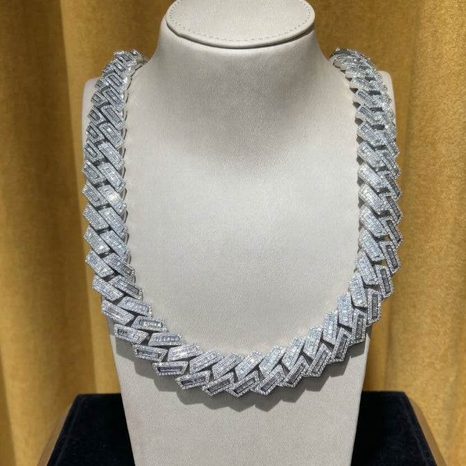 22mm Moissanite Round and Baguette Cuban Link Chain - 925 Silver- D Colour - Vvs1