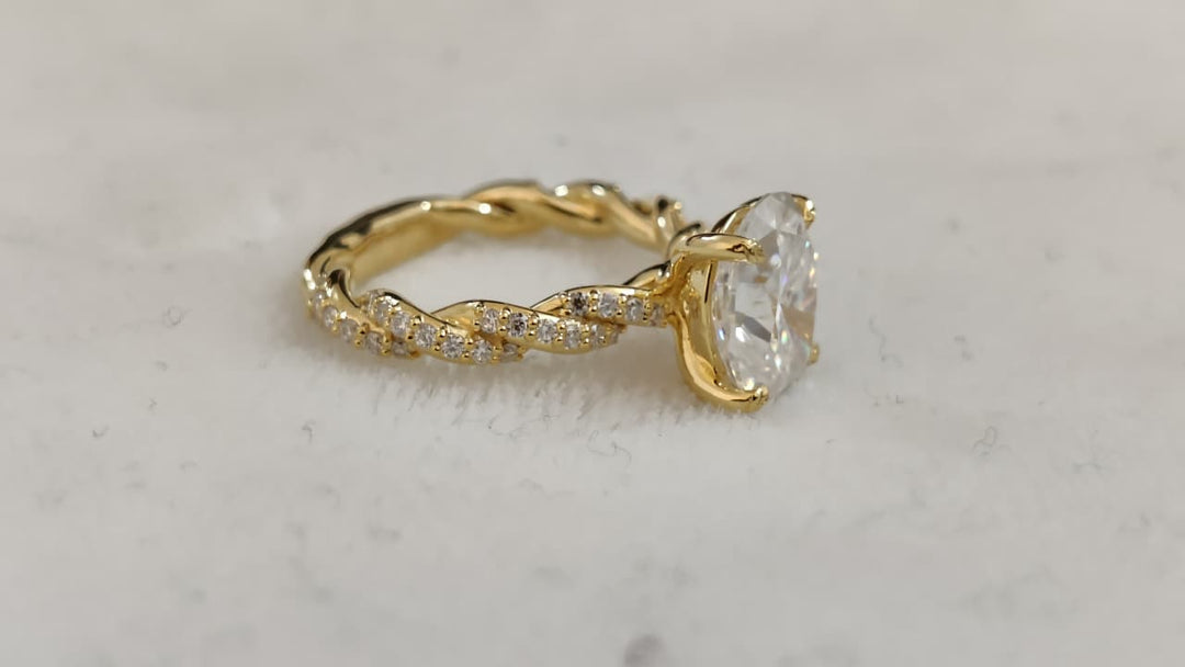 Oval Engagement Ring 3 Carat Moissanite Diamond Gold Twisted Pave Band