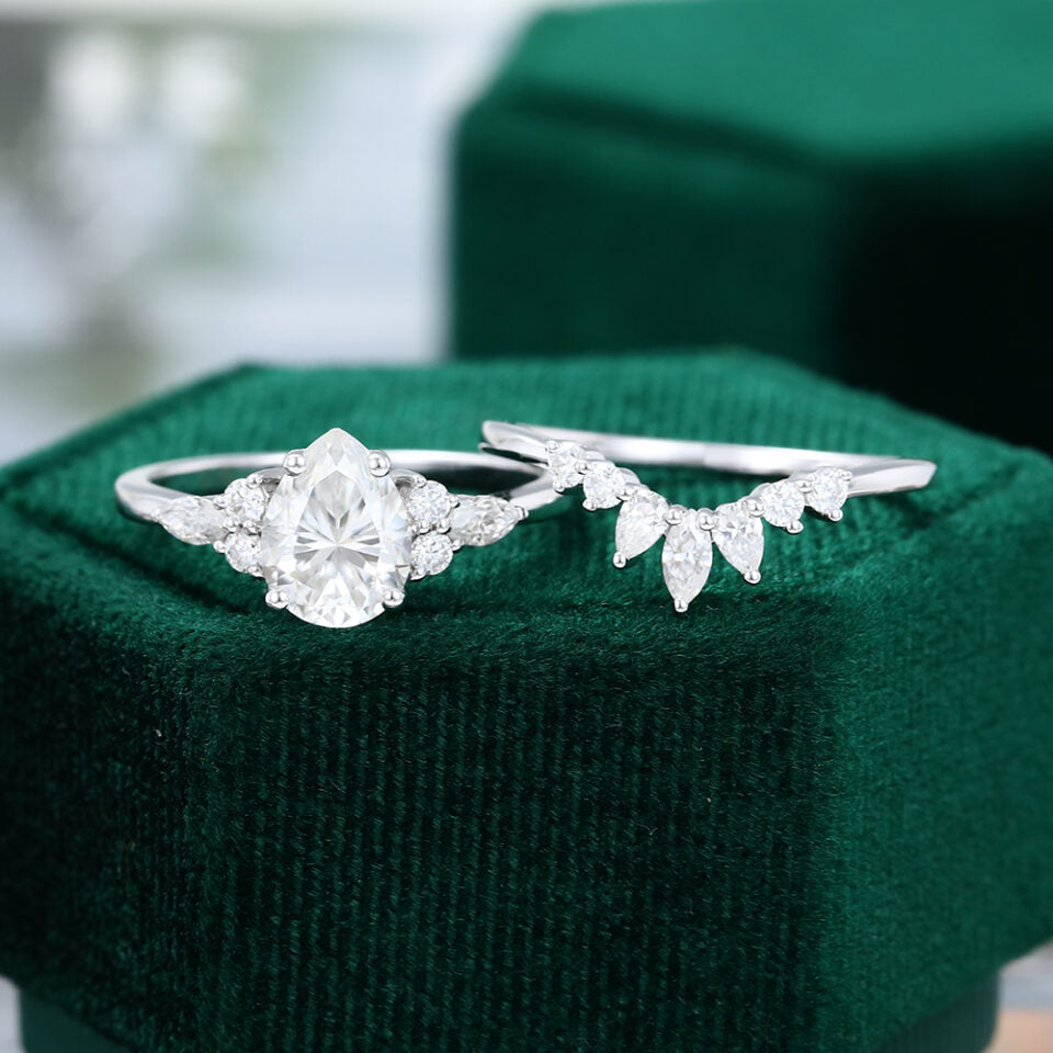 White Gold Pear Shaped Moissanite Engagement Ring Set