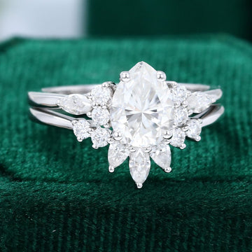 White Gold Pear Shaped Moissanite Engagement Ring Set