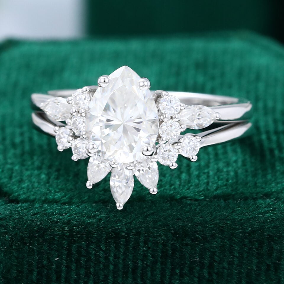 White Gold Pear Shaped Moissanite Engagement Ring Set