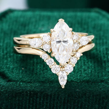 Gold Marquise Moissanite Engagement Ring Set
