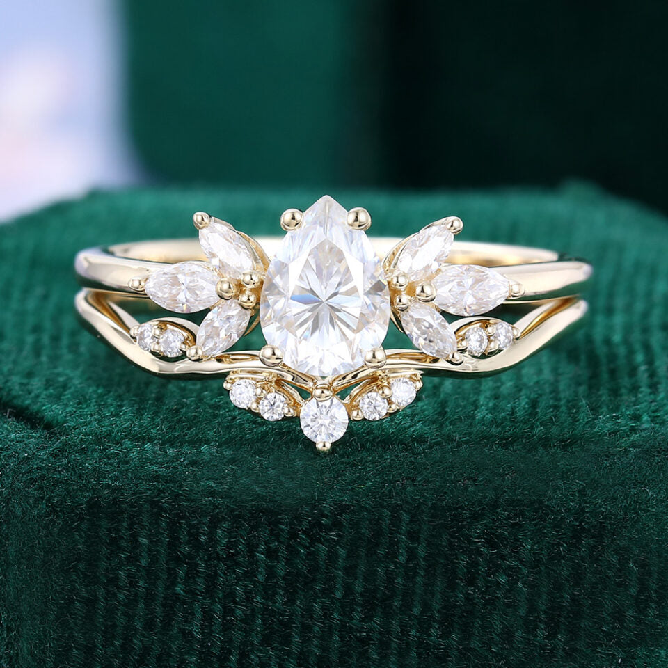 Pear Shaped Moissanite Wedding Set Cluster Bridal Ring Set