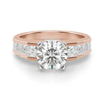 Load image into Gallery viewer, A round cut engagement ring with a 0.50 ct center stone, featuring a Cinderella Staircase design with smaller diamonds set in a gold band.