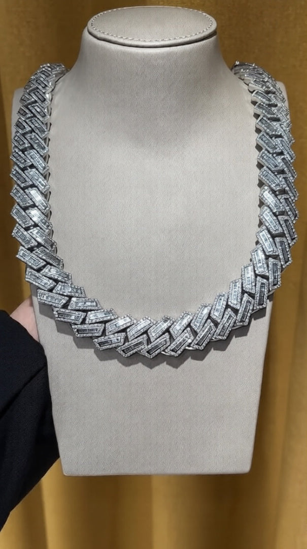 22mm Moissanite Round and Baguette Cuban Link Chain - 925 Silver- D Colour - Vvs1