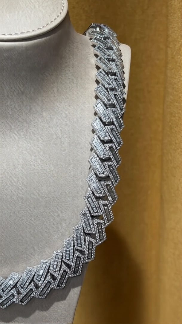 22mm Moissanite Round and Baguette Cuban Link Chain - 925 Silver- D Colour - Vvs1