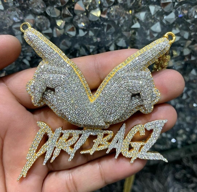 Dirt Bag With Hand Logo 925 Sterling Silver Gold Plated Diamond Studded Iced Out Pendant