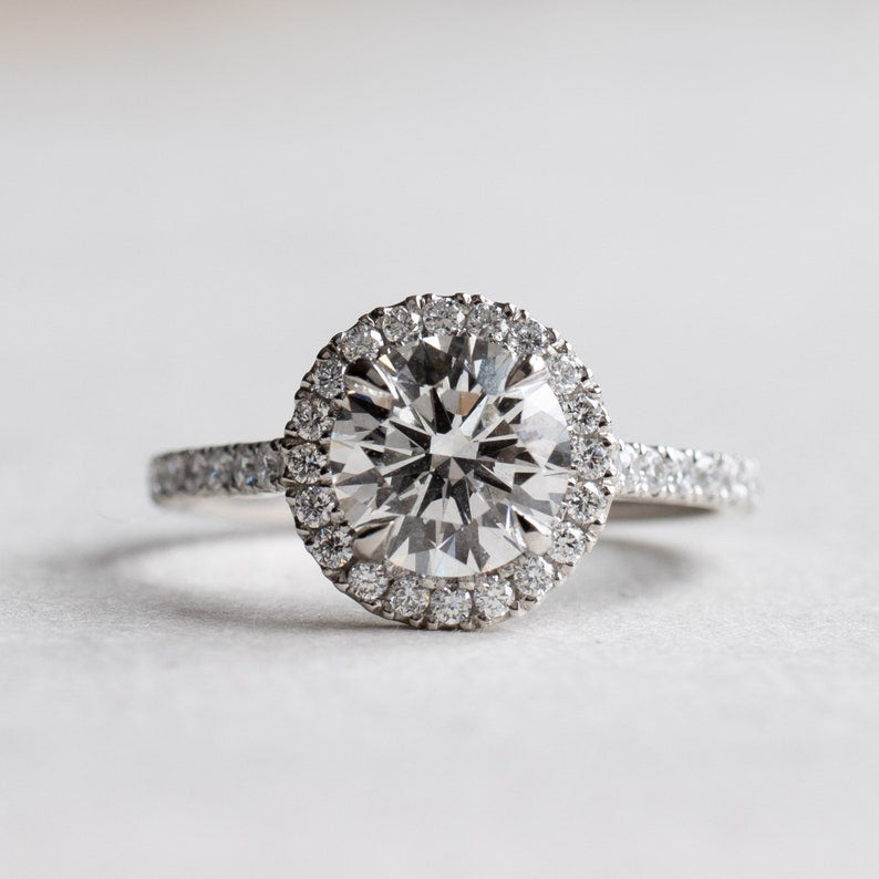 1.5 carat Round Lab Diamond Halo Engagement Ring, Platinum Ring image 3