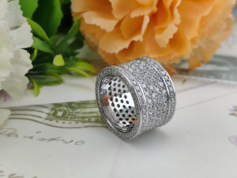 Round Moissanite Men's Iced Out Ring, Six layered Micro Pave Hip Hop Band
