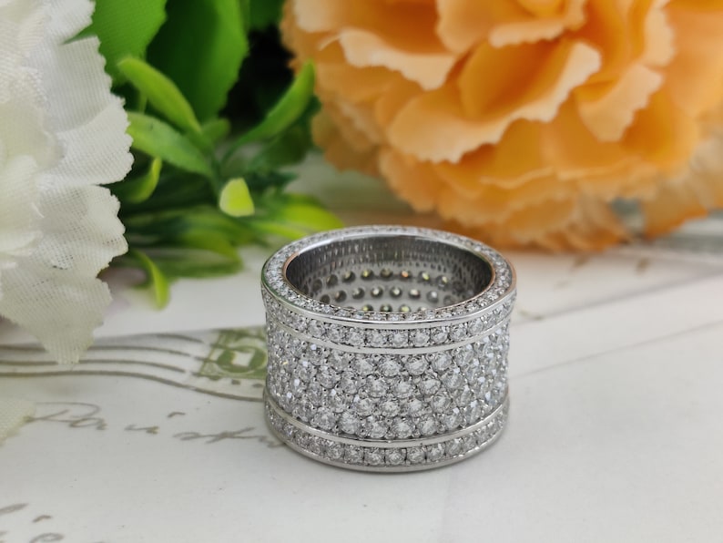 Round Moissanite Men's Iced Out Ring, Six layered Micro Pave Hip Hop Band
