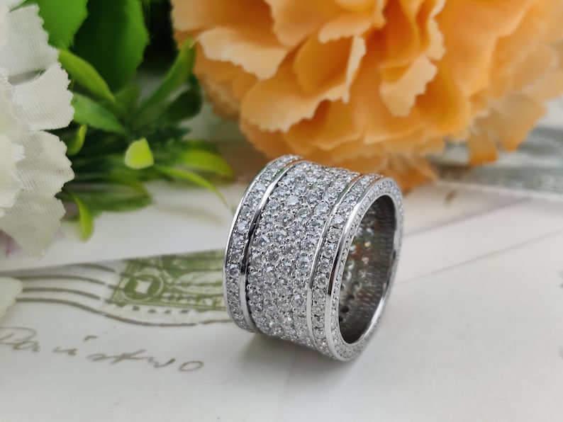 Round Moissanite Men's Iced Out Ring, Six layered Micro Pave Hip Hop Band