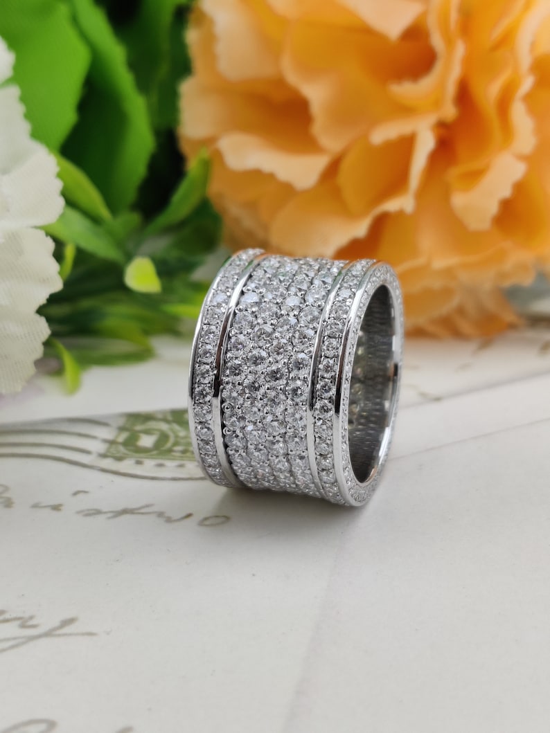 Round Moissanite Men's Iced Out Ring, Six layered Micro Pave Hip Hop Band