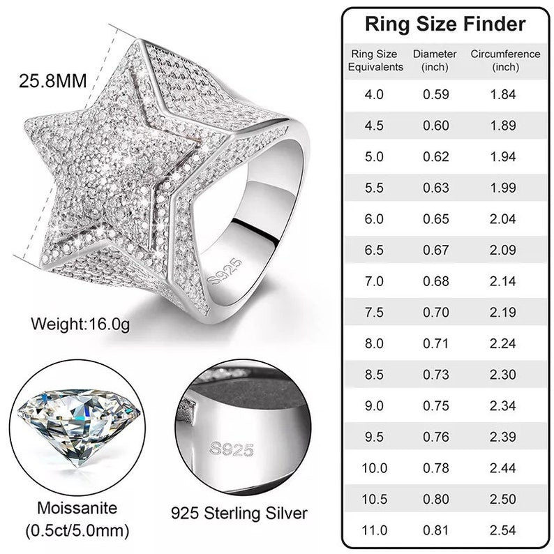 Iced Out Moissanite Ring Star Rings 925 Sterling Silver Men Ring