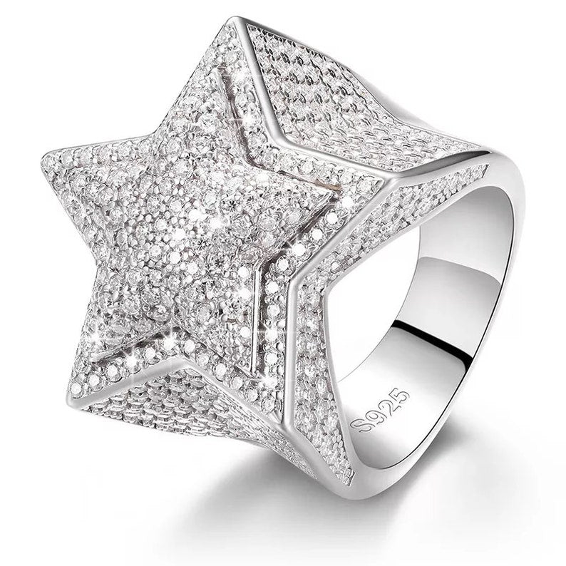 Iced Out Moissanite Ring Star Rings 925 Sterling Silver Men Ring