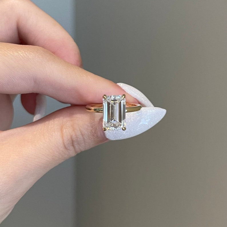 4 Carat Emerald Cut Moissanite Hidden Halo Solitaire Engagement Ring image 3