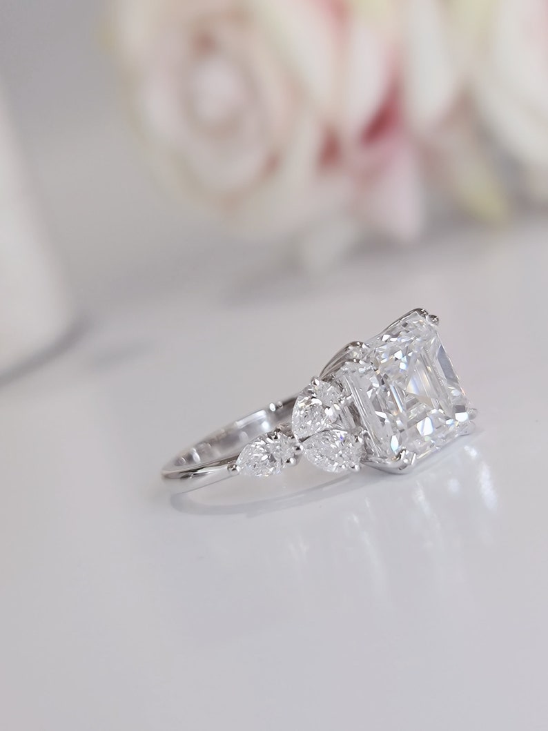 5 Carat Asscher Cut E/VVS2 IGI certified total 6 Carats Lab Grown Diamond Anniversary Ring 14K White Gold image 3