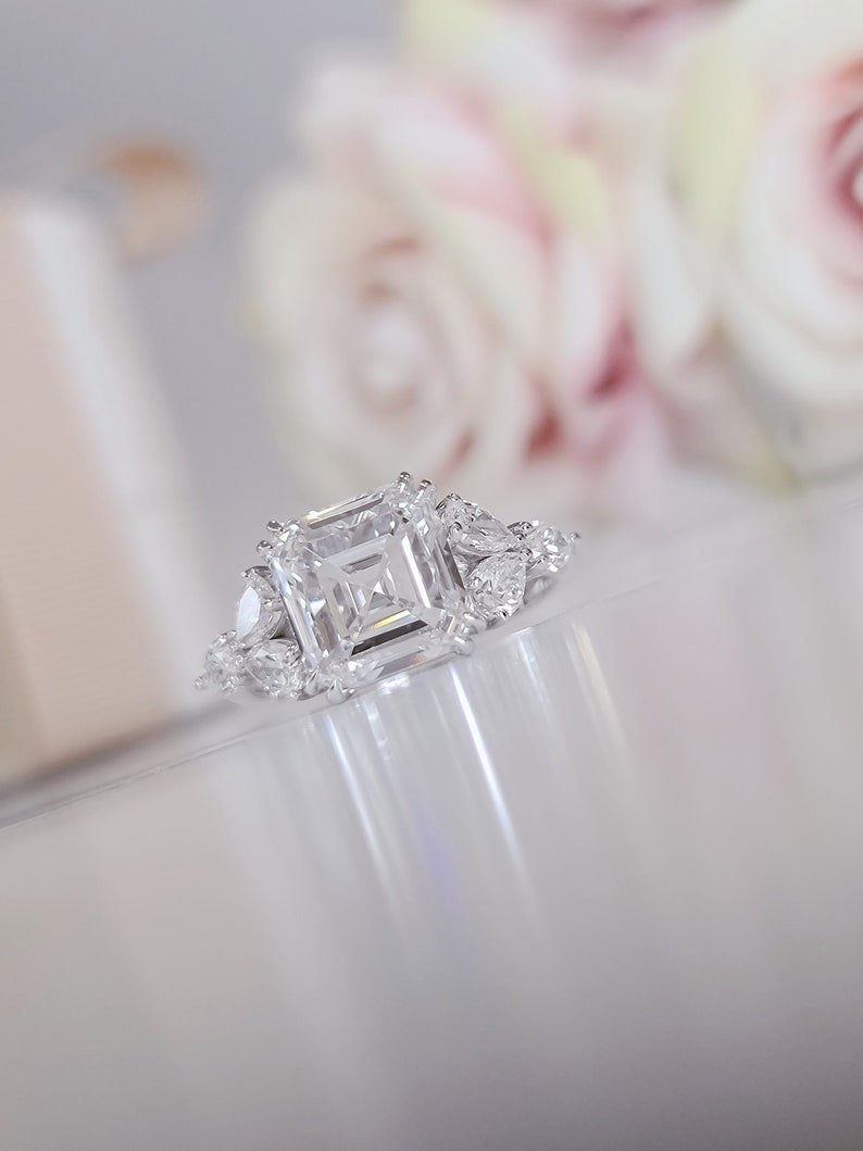 5 Carat Asscher Cut E/VVS2 IGI certified total 6 Carats Lab Grown Diamond Anniversary Ring 14K White Gold image 8