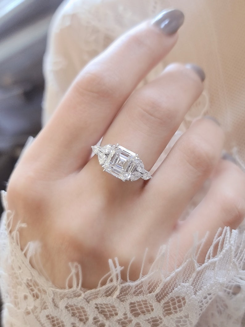 5 Carat Asscher Cut E/VVS2 IGI certified total 6 Carats Lab Grown Diamond Anniversary Ring 14K White Gold image 5