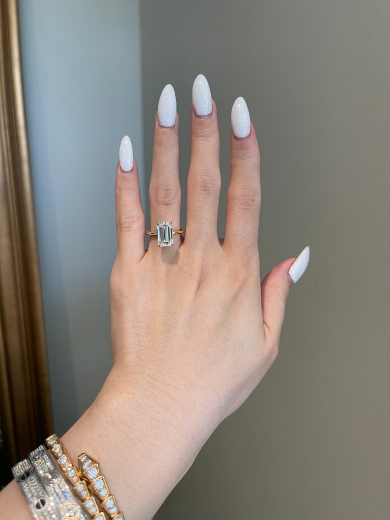 4 Carat Emerald Cut Moissanite Hidden Halo Solitaire Engagement Ring image 2