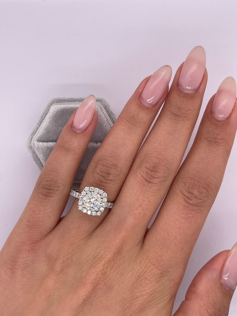 Round Cut 2 carat D Color VVS1 Clarity IGI Certified Lab Grown Diamond Halo Engagement Ring, Side Round Diamonds, 14k Gold image 7