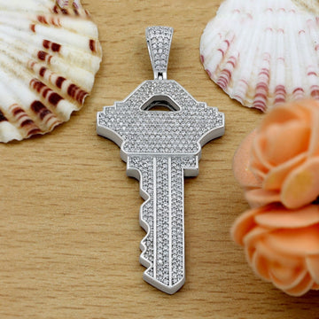 Diamond Key Iced Out Pendant, 925 Sterling Silver Moissanite Pendant