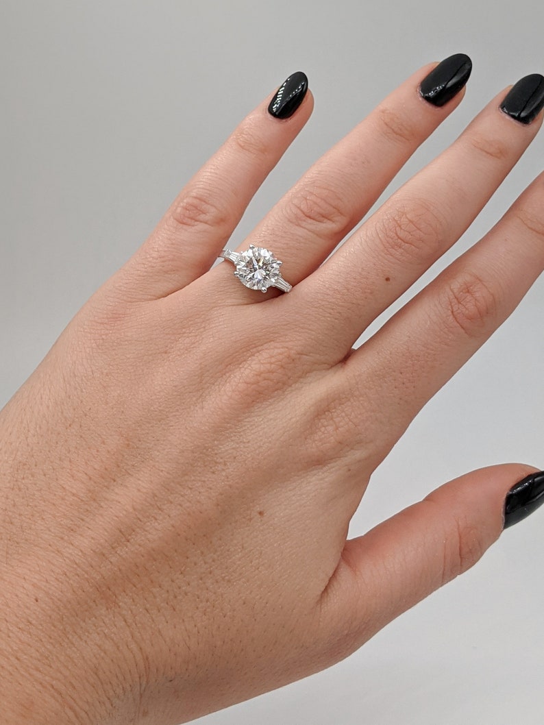 3.20 Carat Round Brilliant Lab Grown Diamond Engagement Ring, 14K White Gold, With Side Tapered Diamonds image 7