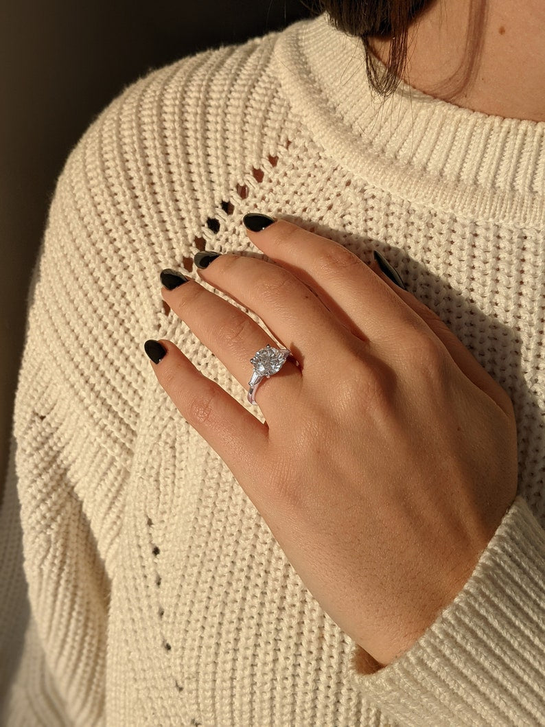 3.20 Carat Round Brilliant Lab Grown Diamond Engagement Ring, 14K White Gold, With Side Tapered Diamonds image 9